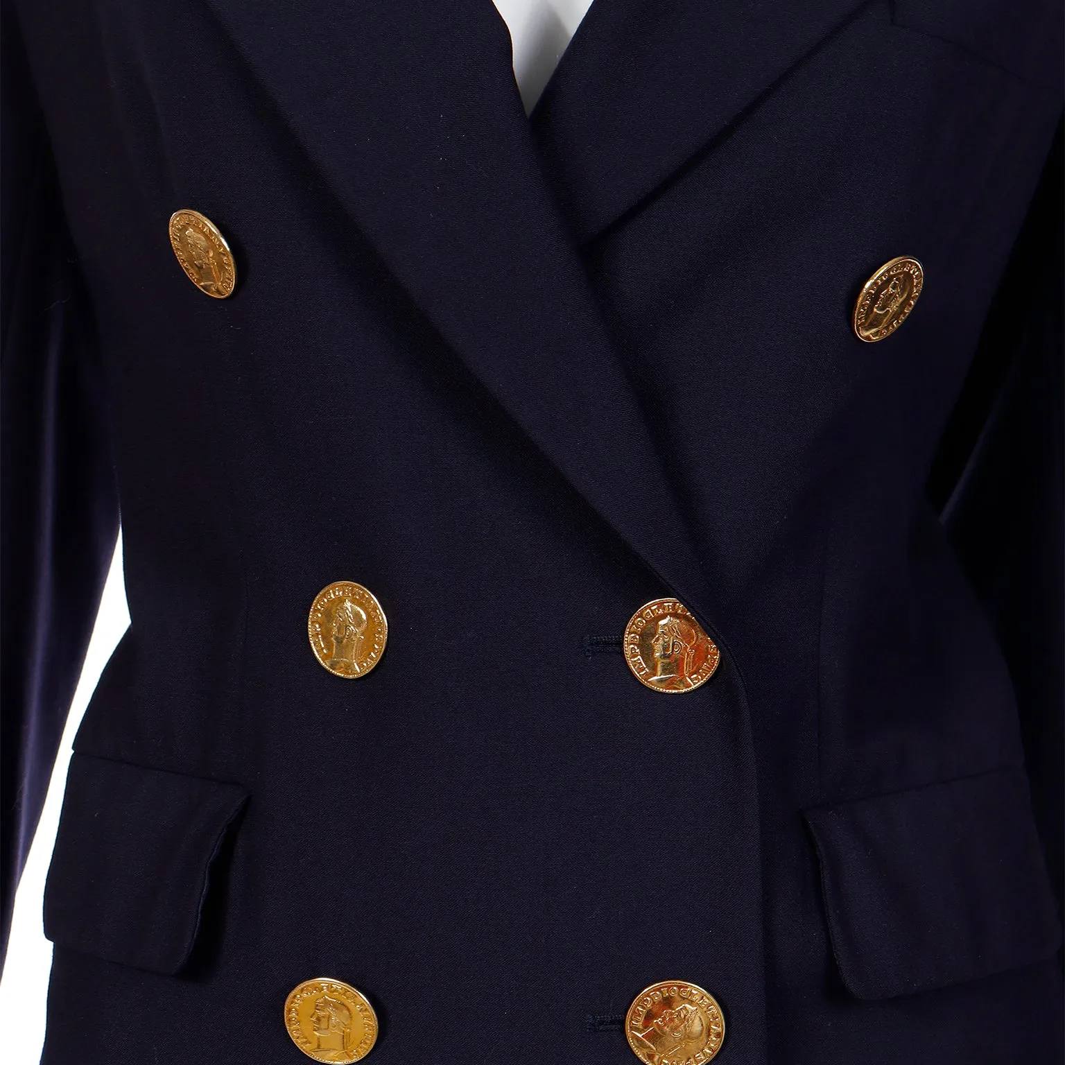 1991 Yves Saint Laurent Navy Blue Wool Blazer Jacket With Coin Buttons