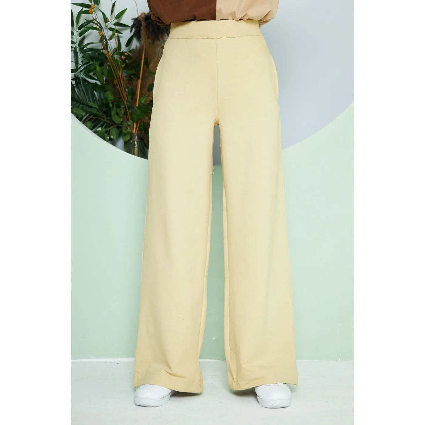 Beige Long Wide Leg Trouser