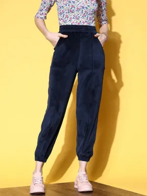 Berrylush Women Solid Navy Blue Relaxed Slip-On High-Rise Waist Regular Fit Trousers