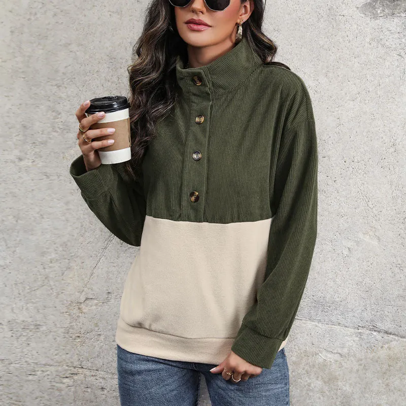 Brushed Corduroy Colorblock Button Lapel Sweatshirts Wholesale Womens Clothing N3824080900003