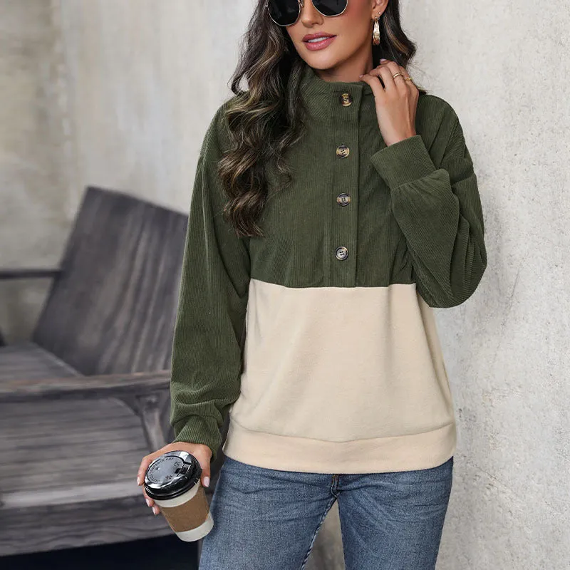 Brushed Corduroy Colorblock Button Lapel Sweatshirts Wholesale Womens Clothing N3824080900003