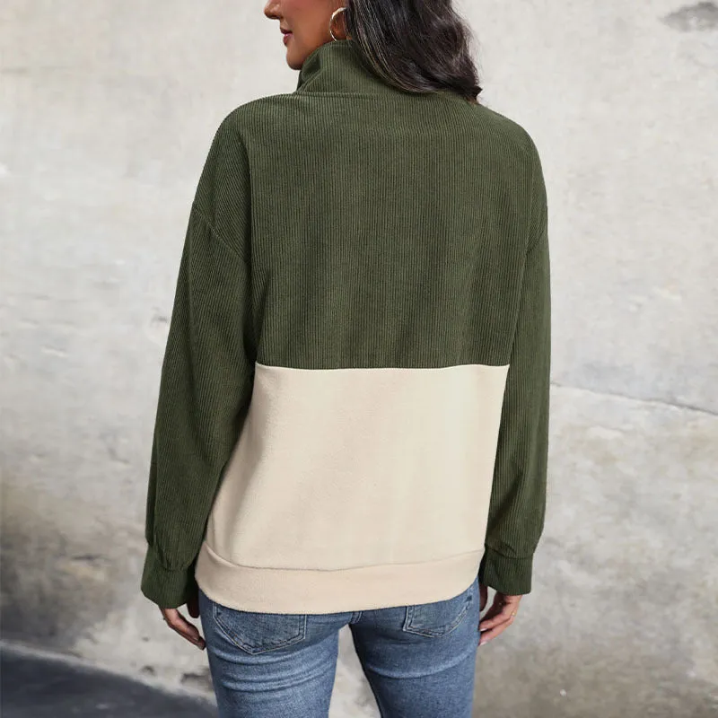 Brushed Corduroy Colorblock Button Lapel Sweatshirts Wholesale Womens Clothing N3824080900003