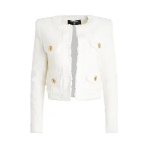 Collarless 4 Pocket Tweed Jacket in White