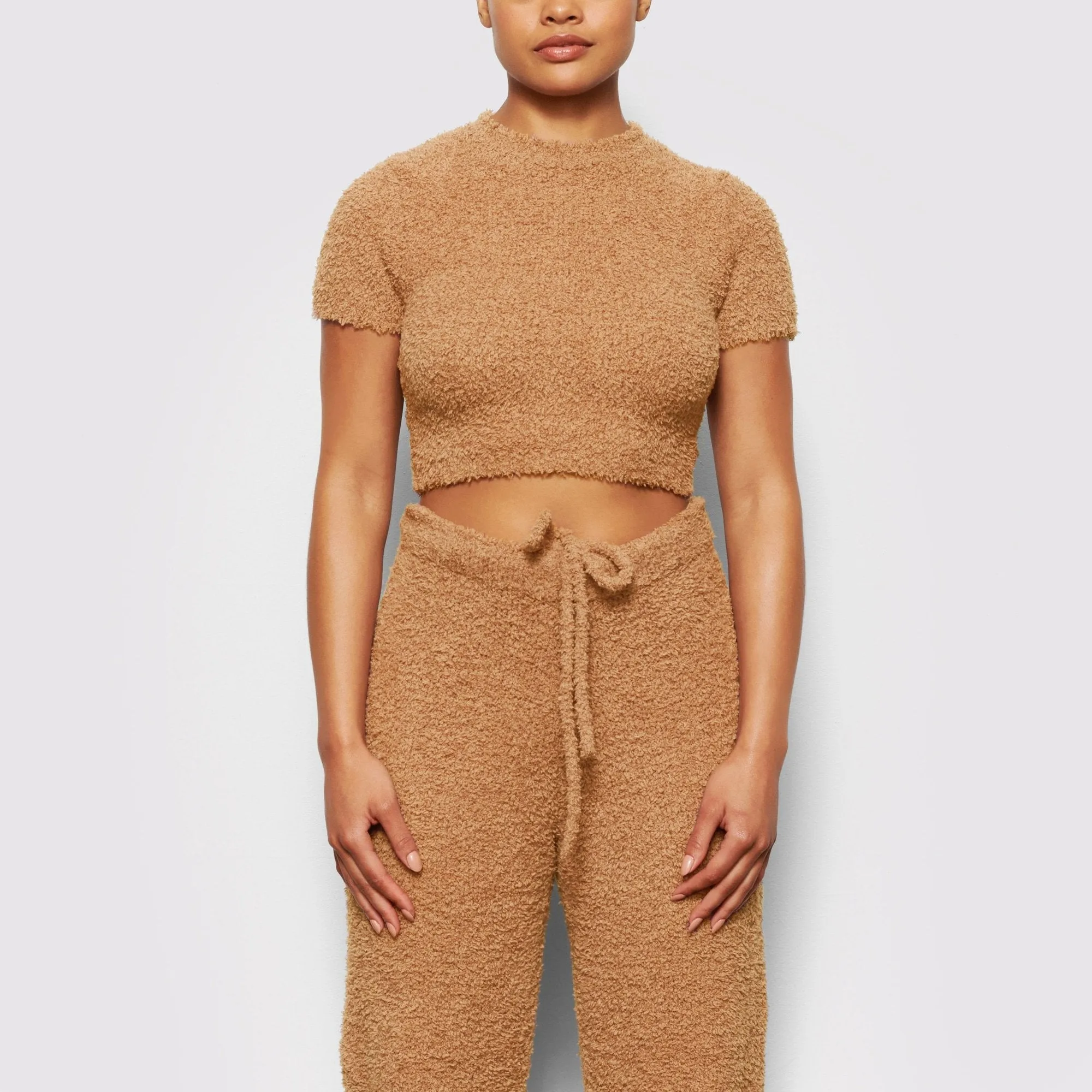 COZY KNIT CROPPED T-SHIRT | CAMEL