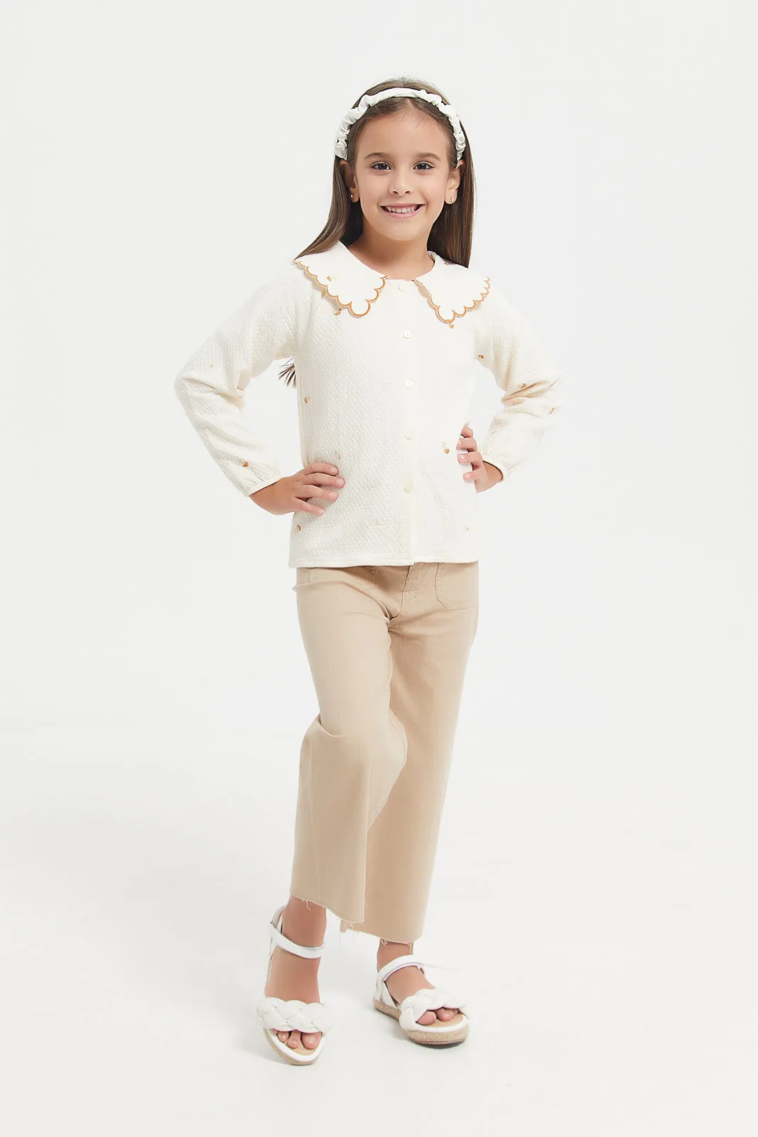 Girls Beige Jacquard Embroidered Top