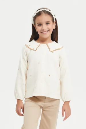 Girls Beige Jacquard Embroidered Top