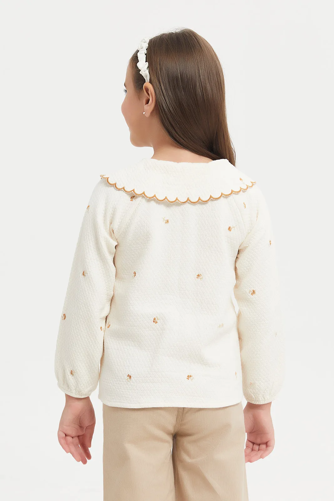 Girls Beige Jacquard Embroidered Top