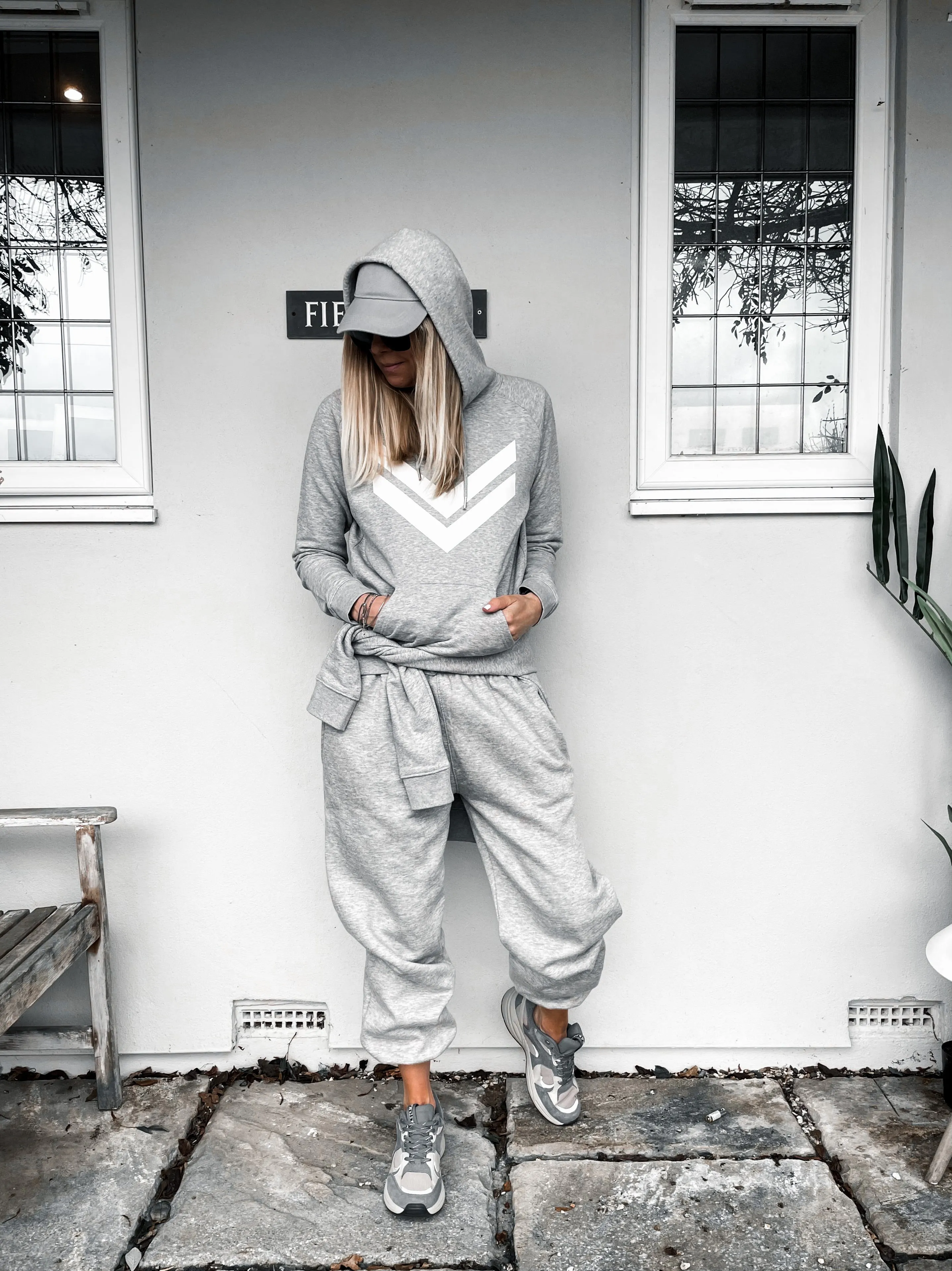 Grey hoody with white double chevron *relaxed fit* *JUST XS LEFT*