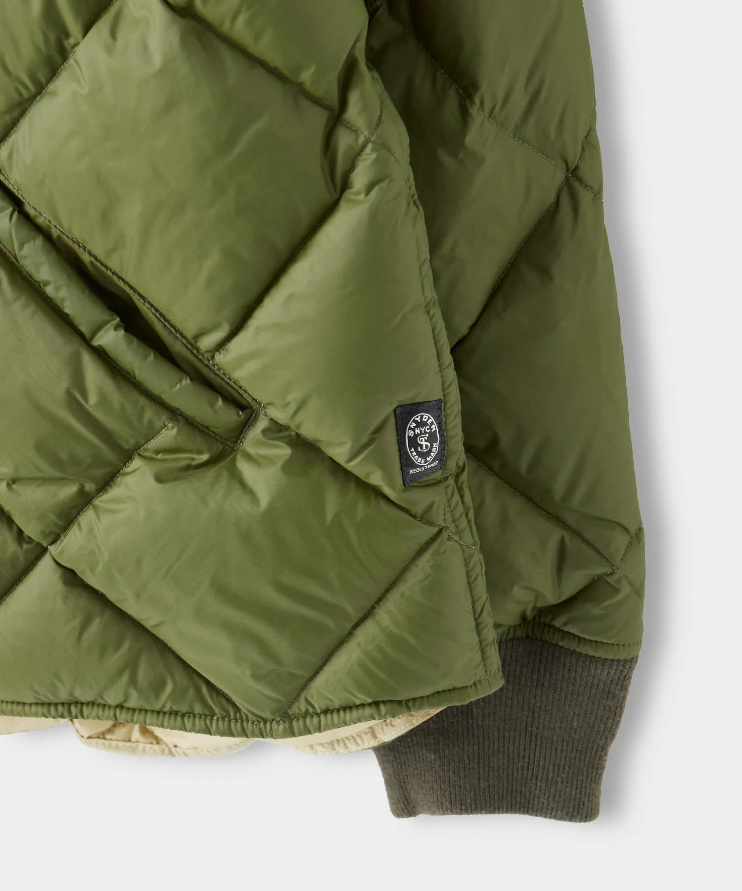 Italian Quilted Down Snap Bomber in Olive