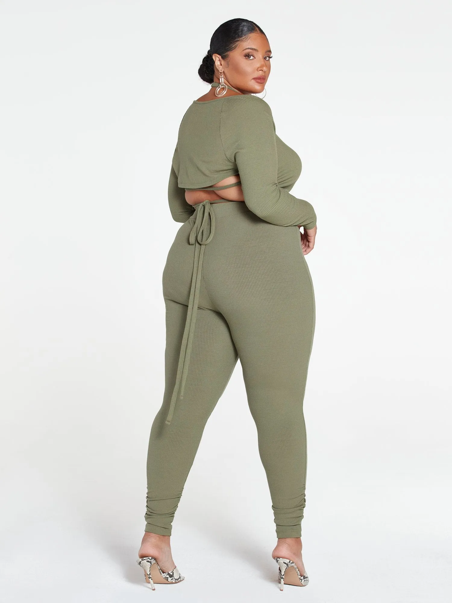 Jade Ribbed Knit High Waist Ruched Leggings