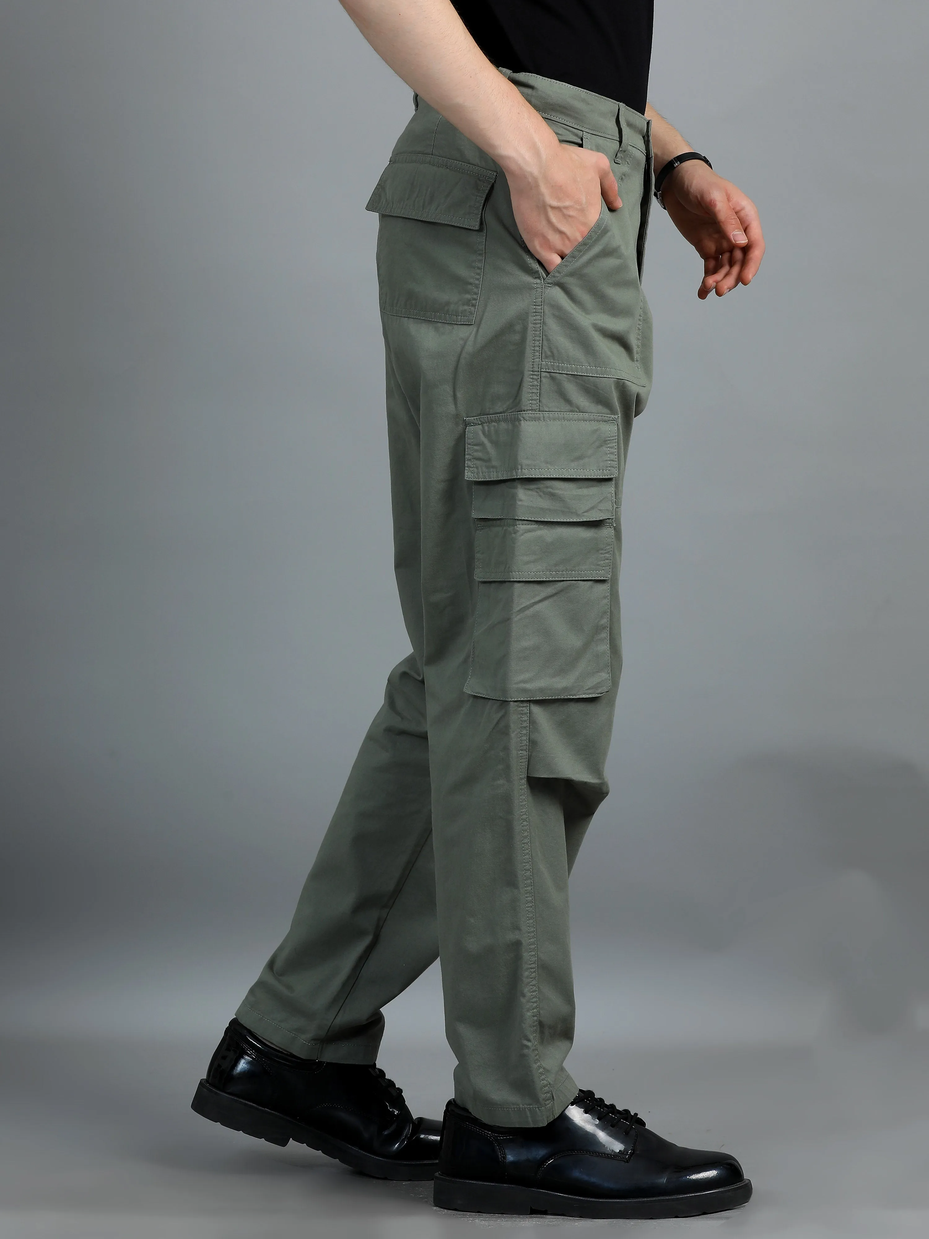 Men 2 Cotton Relaxed Fit Cargo Trousers, Moss Green Charcoal Grey