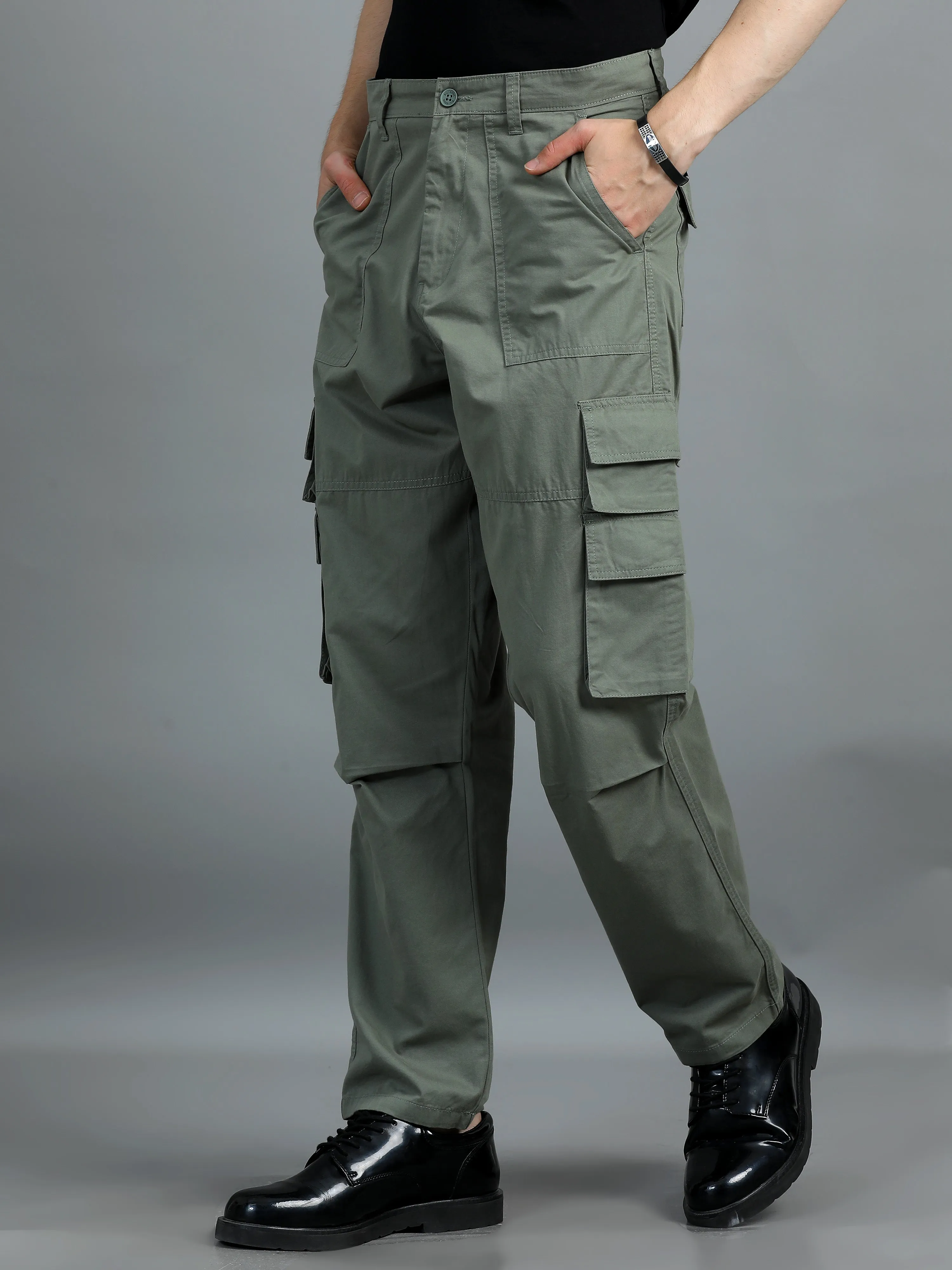 Men 2 Cotton Relaxed Fit Cargo Trousers, Moss Green Charcoal Grey