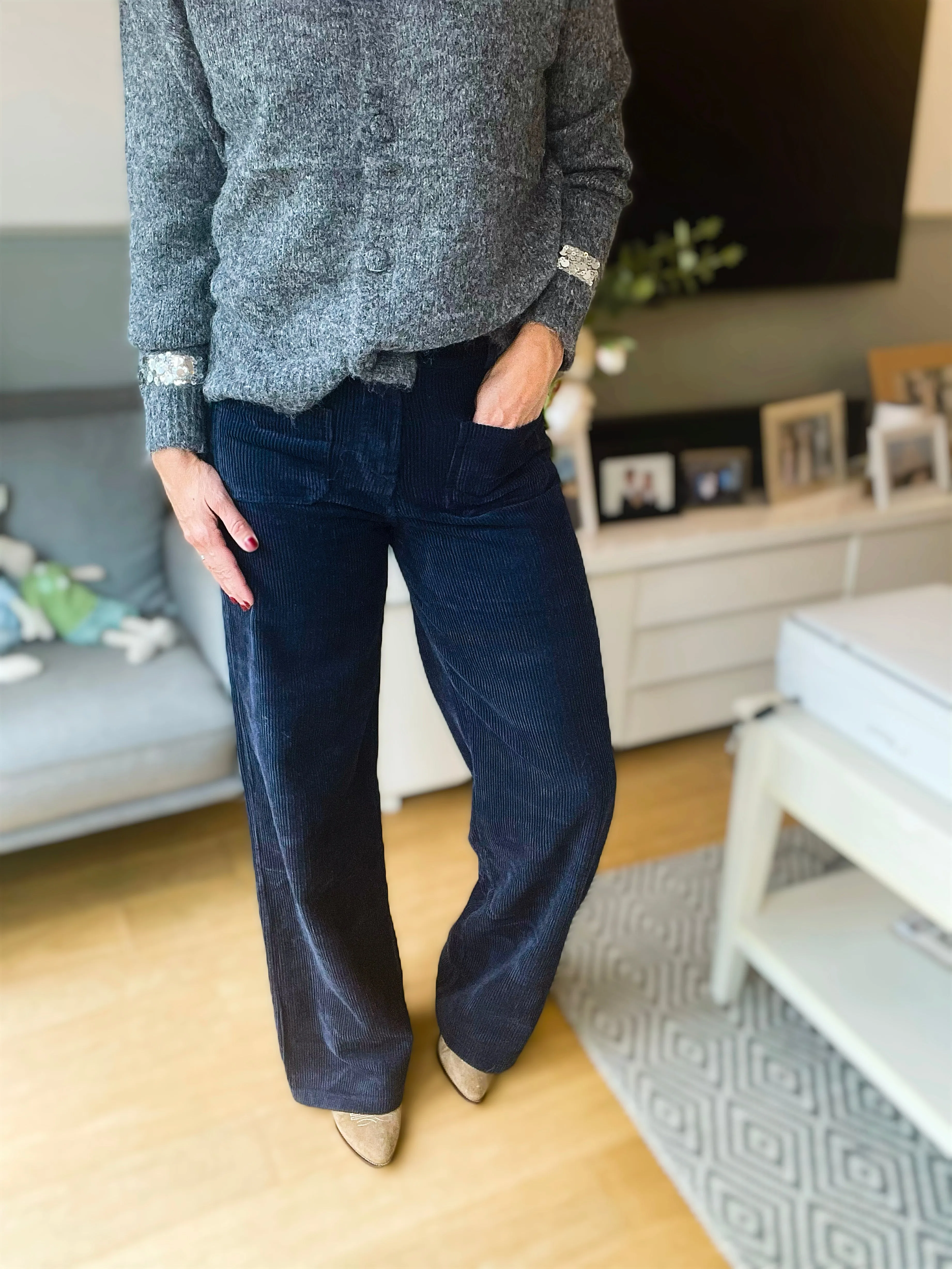 Navy Wide Leg Cord Trousers