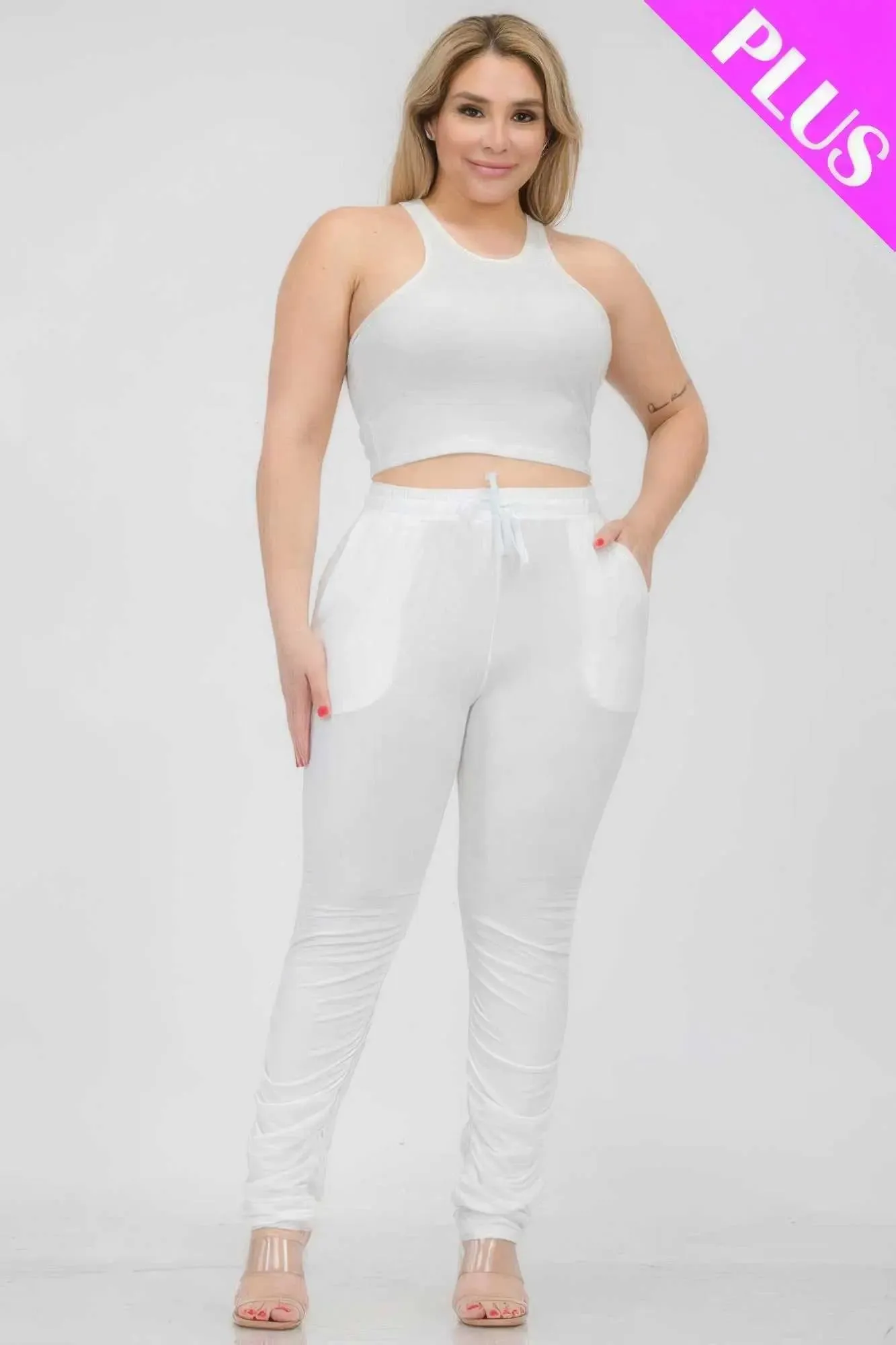 Plus Size Crop Tank Top & Ruched Pants Set