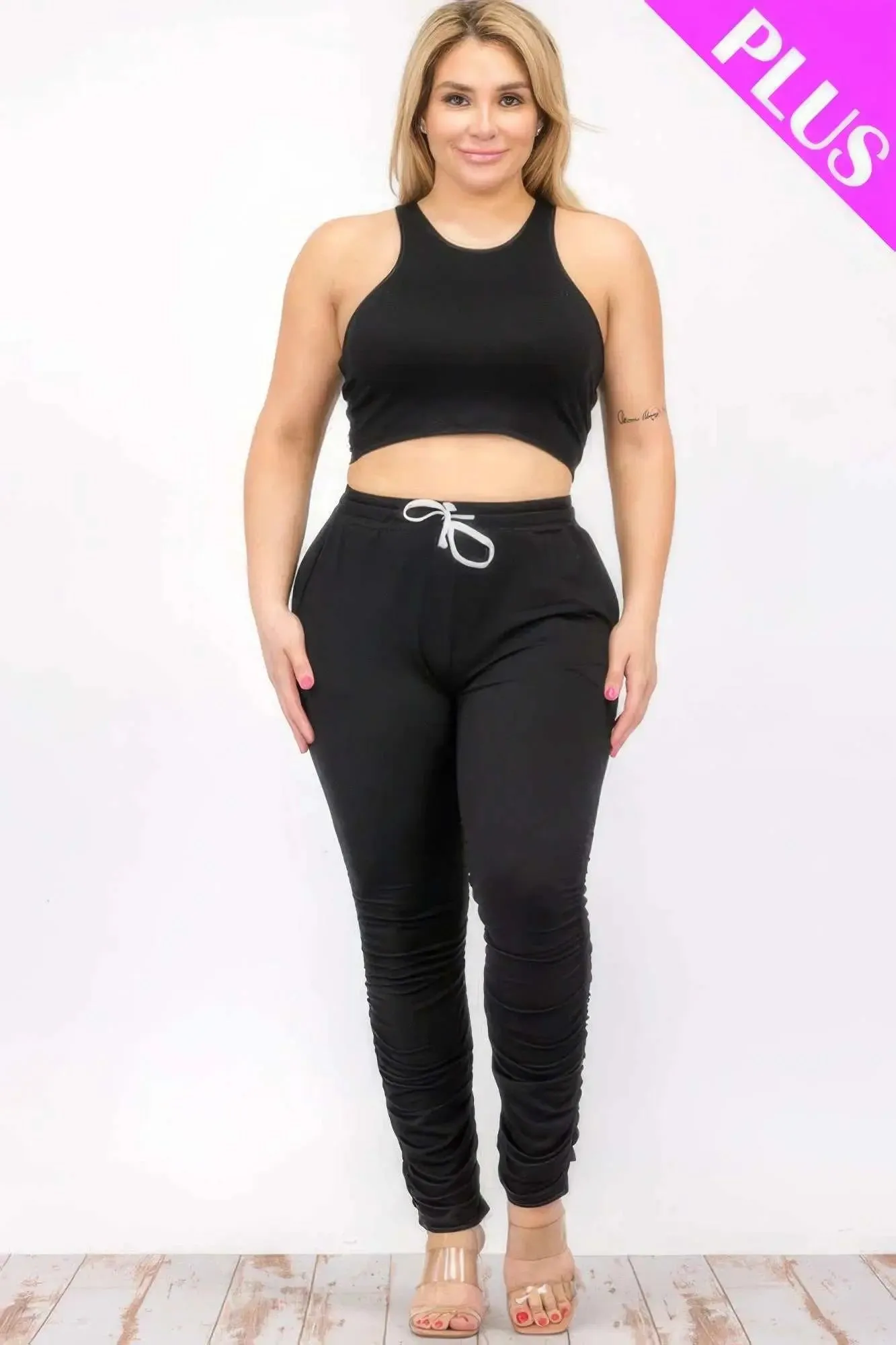 Plus Size Crop Tank Top & Ruched Pants Set