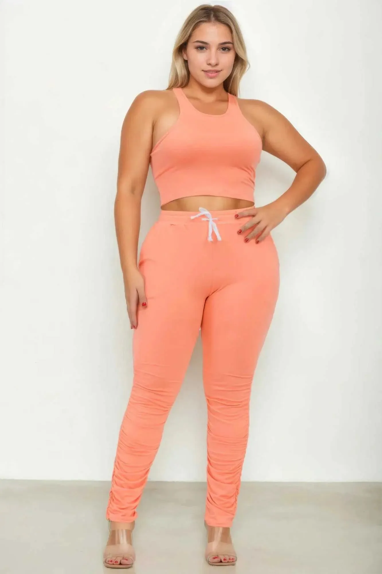 Plus Size Crop Tank Top & Ruched Pants Set