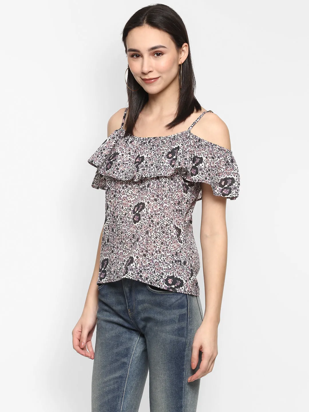 Porsorte Women Printed Floral Cold Shoulder Spagetti Strap Top