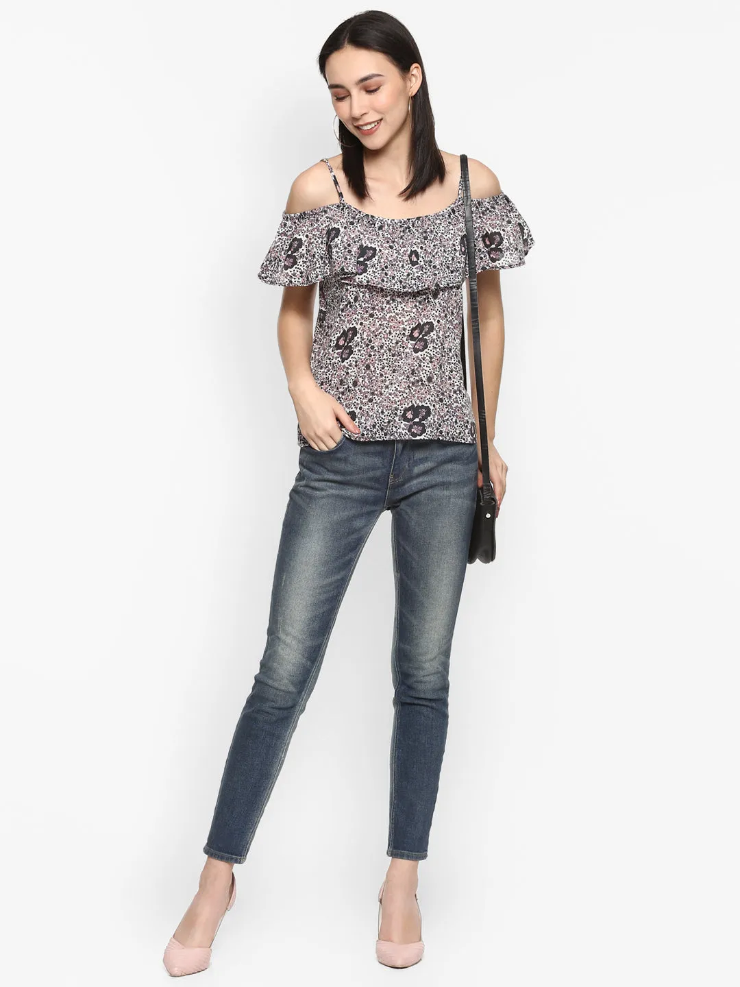 Porsorte Women Printed Floral Cold Shoulder Spagetti Strap Top