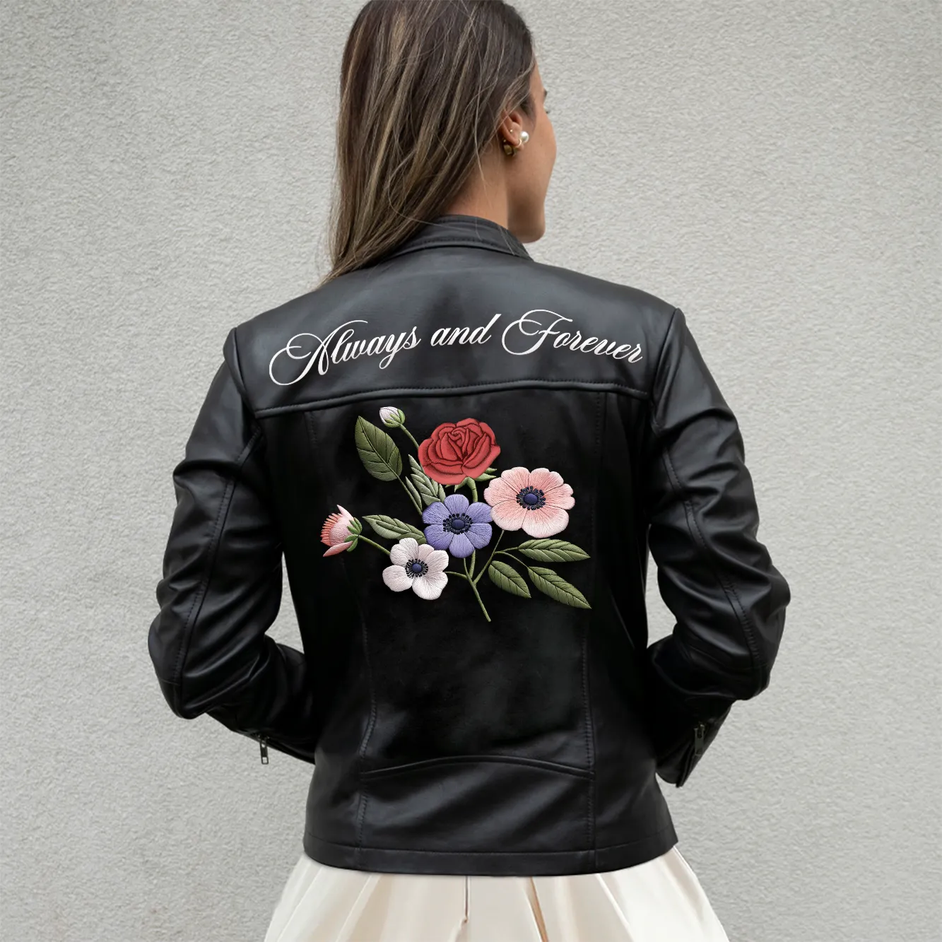 (Real Leather) Embroidered Floral Leather Jacket