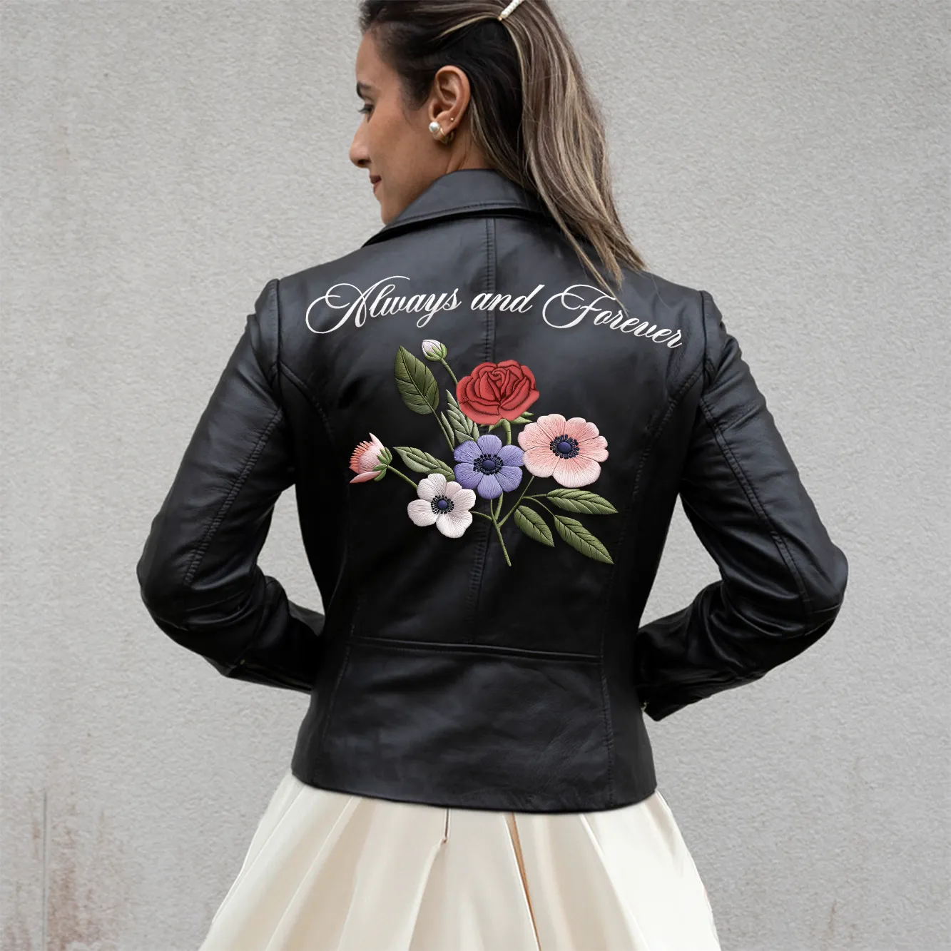 (Real Leather) Embroidered Floral Leather Jacket