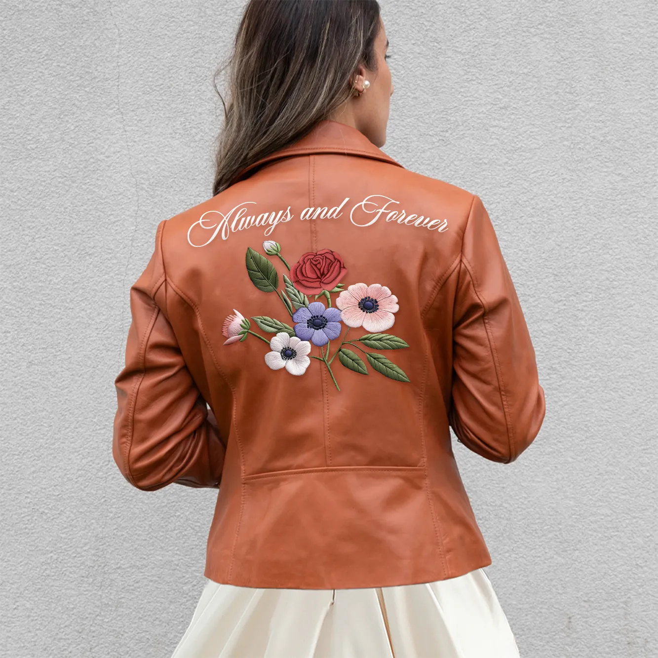 (Real Leather) Embroidered Floral Leather Jacket