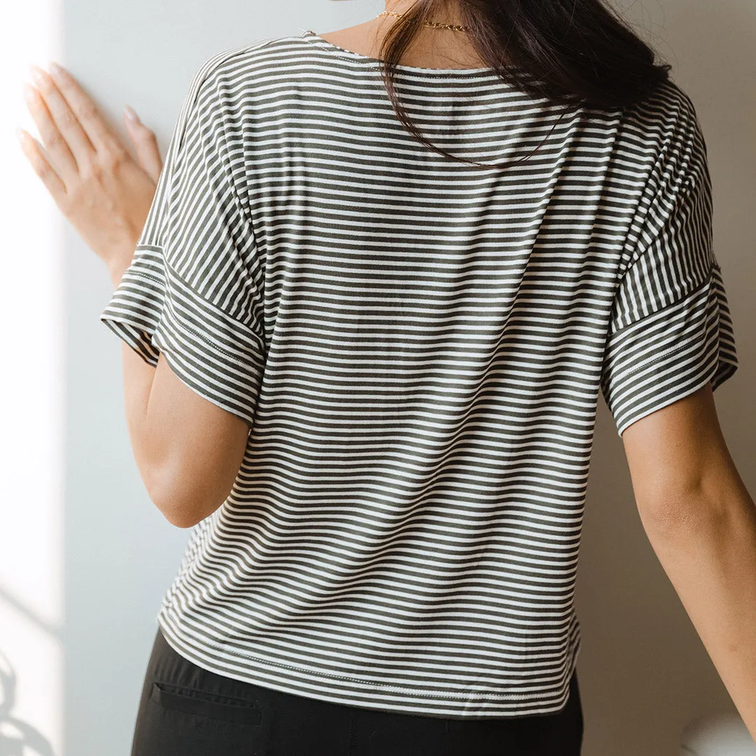 Relaxed Tee, Olive and White Stripe