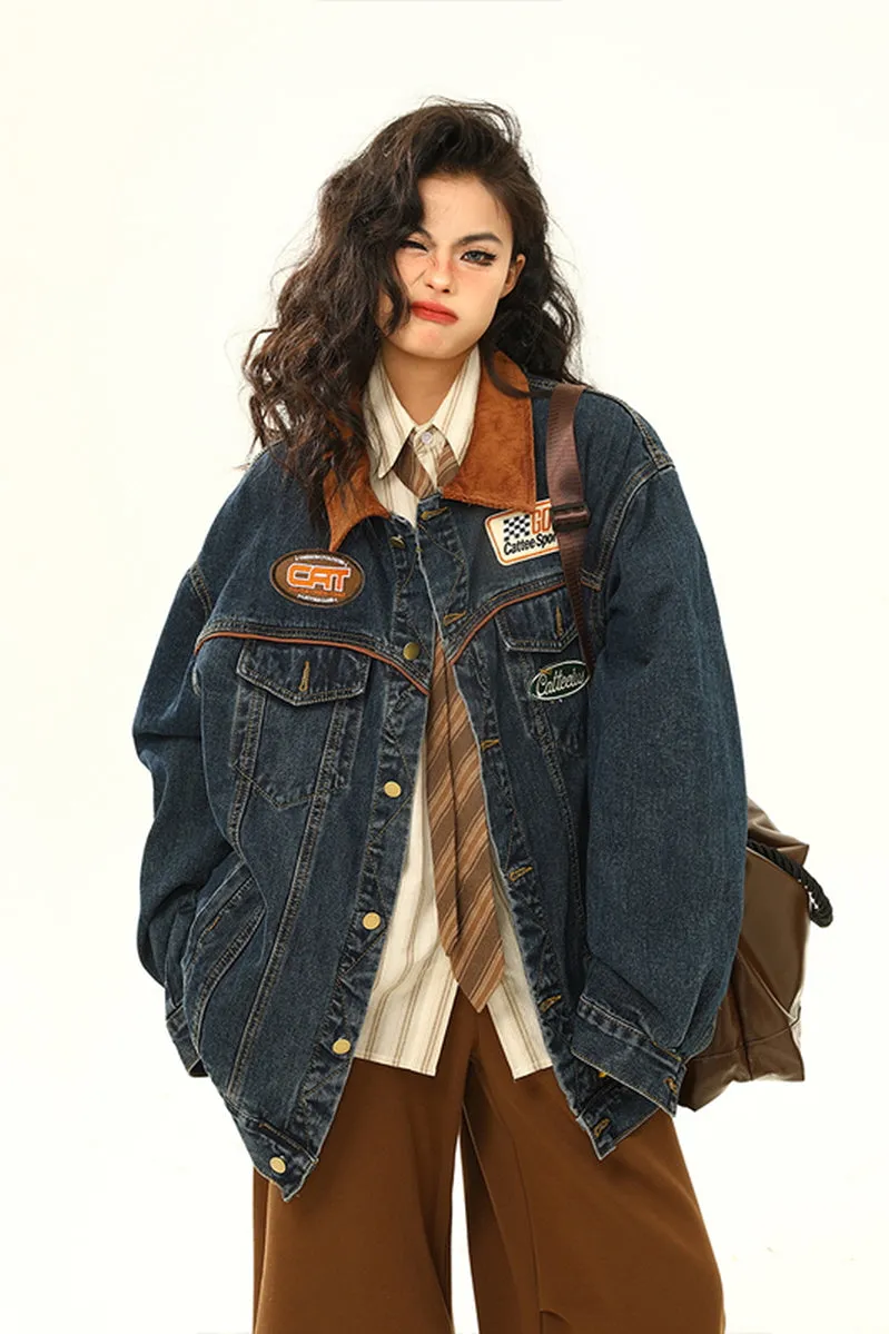 Retro Biker Denim Jacket Unisex Lapel