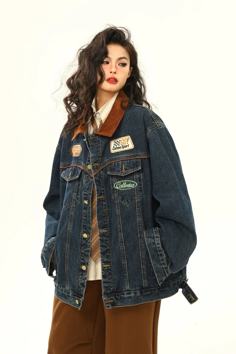 Retro Biker Denim Jacket Unisex Lapel