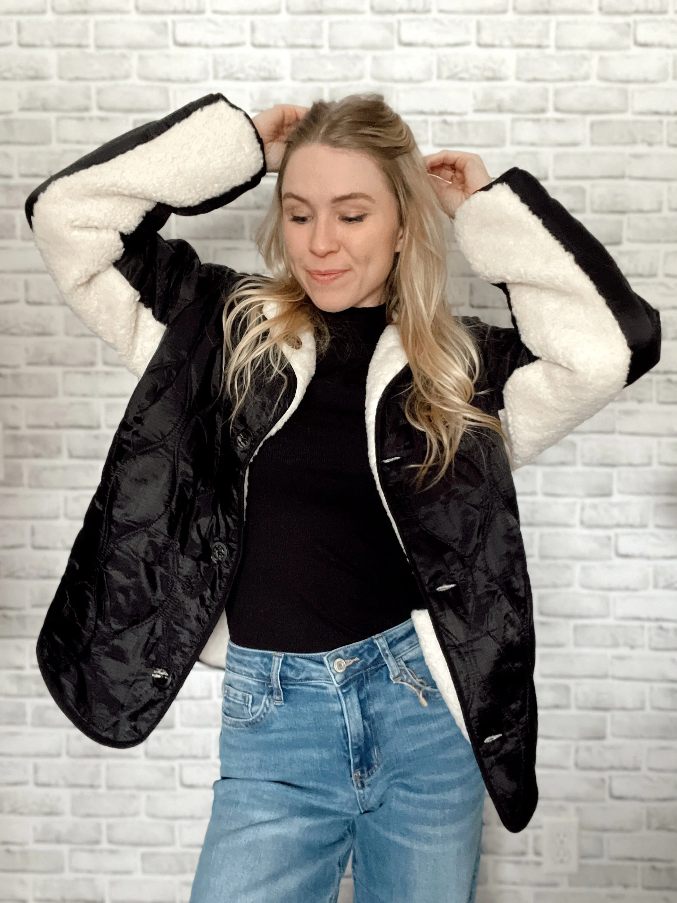 Reversible Quilted Black   White Sherpa Jacket