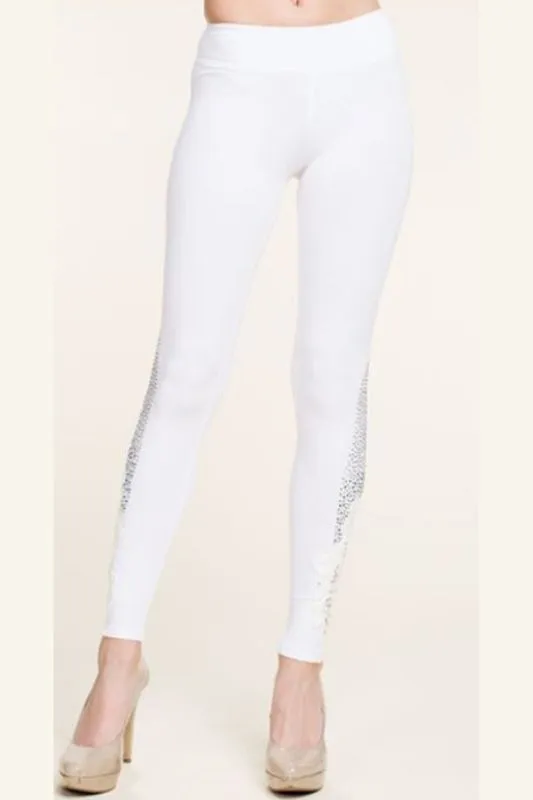 Vocal Classy Sleek Rhinestone Leggings - Off White - See Through