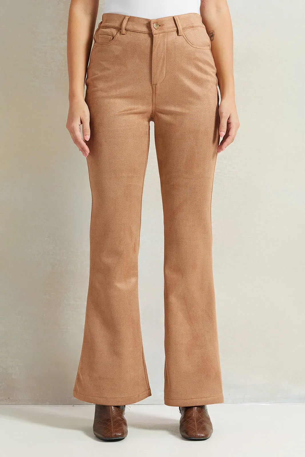 Women Beige High Waister Trousers