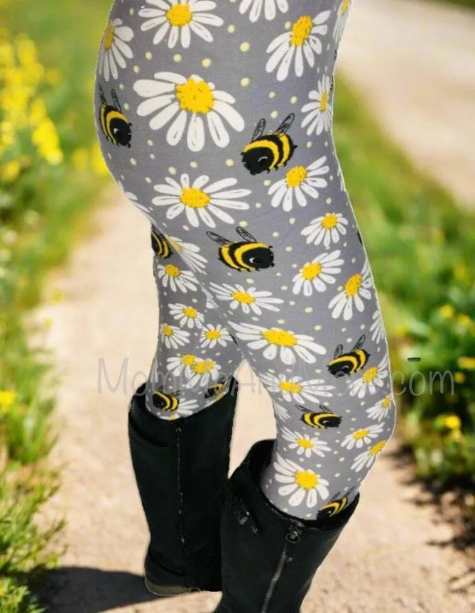 Womens Daisy Bee Leggings, Soft Yoga Pants, Sizes 0-22, No-Roll Waist, Gray/Yellow