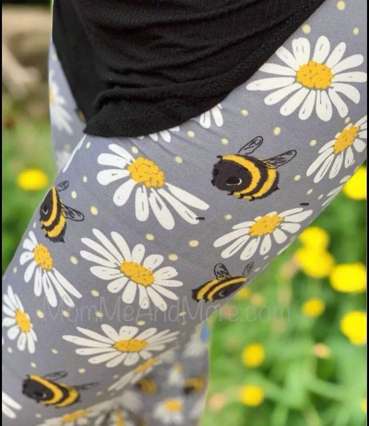 Womens Daisy Bee Leggings, Soft Yoga Pants, Sizes 0-22, No-Roll Waist, Gray/Yellow