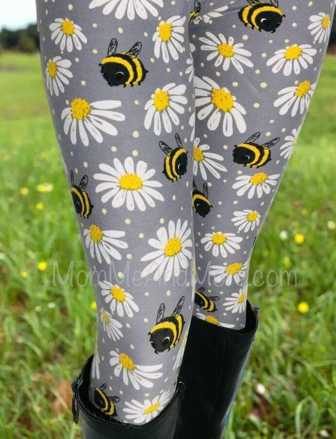 Womens Daisy Bee Leggings, Soft Yoga Pants, Sizes 0-22, No-Roll Waist, Gray/Yellow