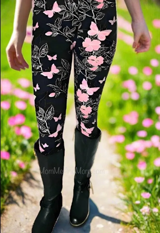 Womens Pink Butterfly Leggings, Soft Yoga Pants, Sizes 0-22, No-Roll Waist, Pink/Black